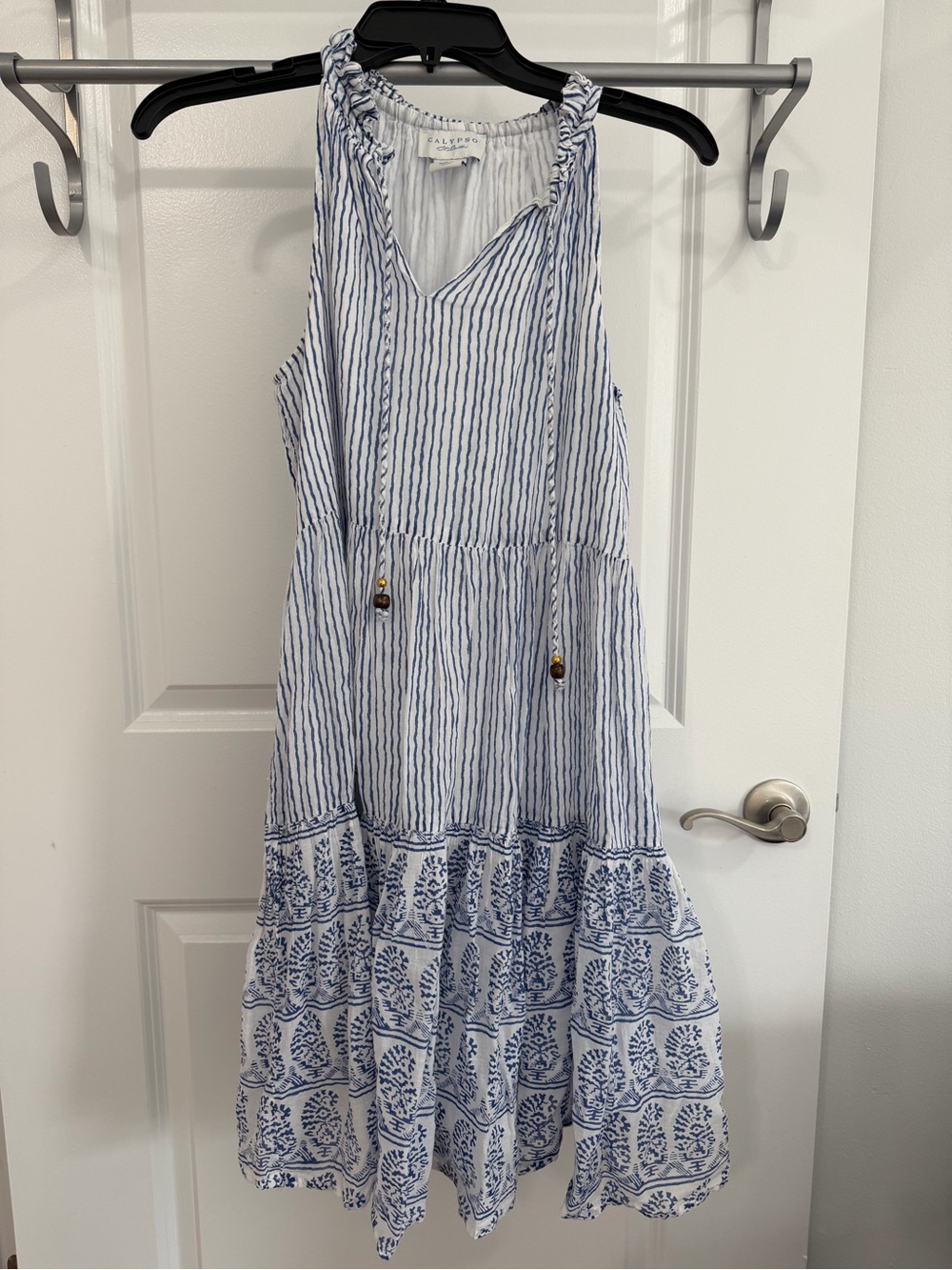 Calypso St. Barth Blue & White Striped Tiered Mini Dress